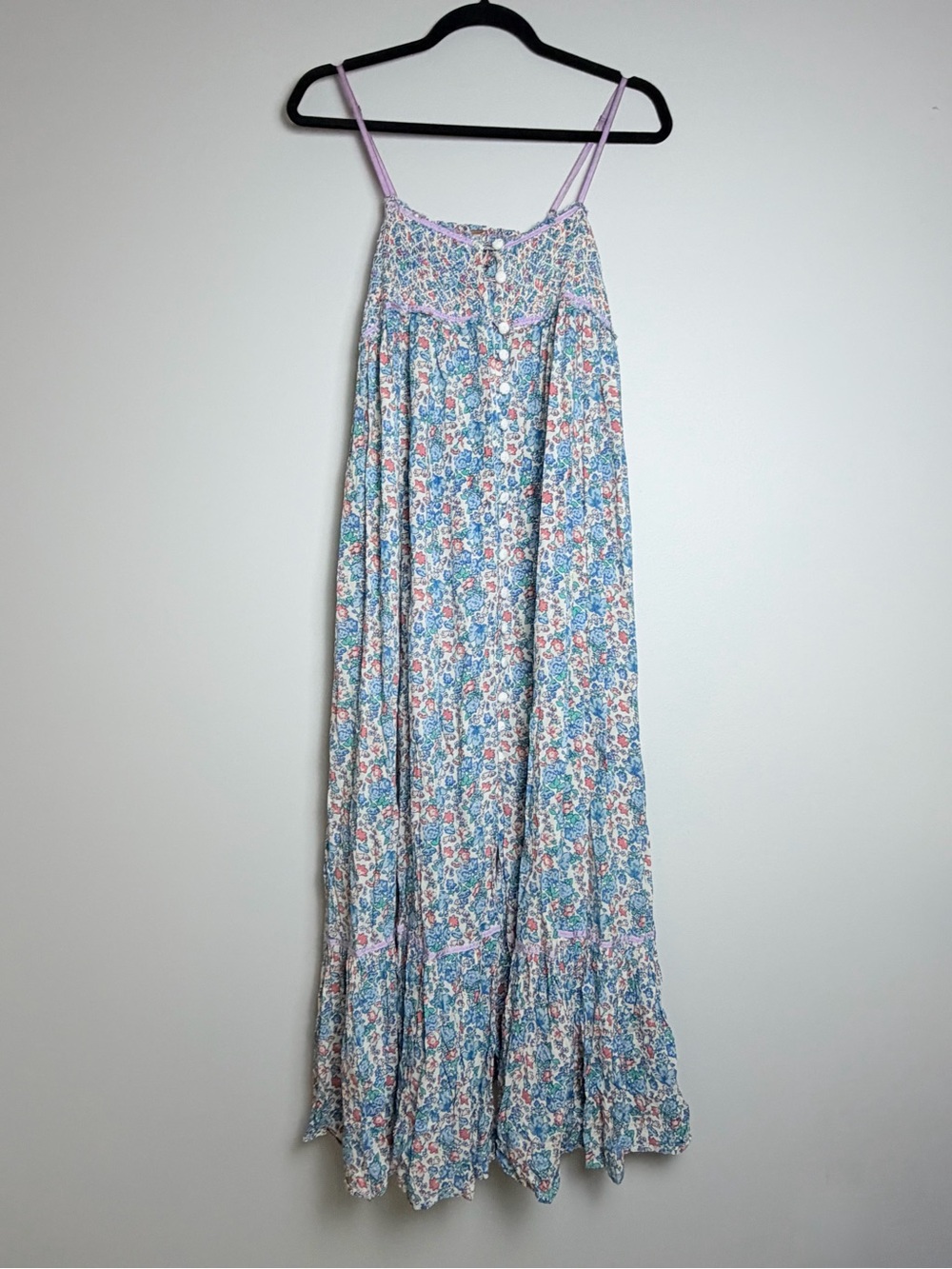 Free People Blue Floral Smocked Button-Front Maxi Dress Size XS - Picture 2 of 10